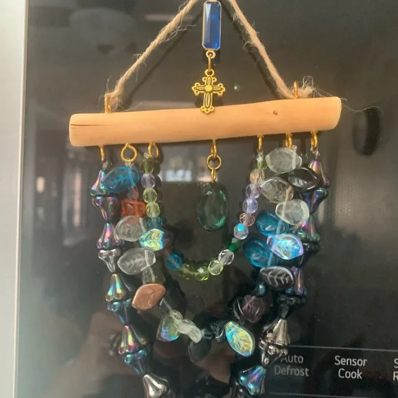 Iridescent Glass Beaded hanging ornament with multicolored Leaf Accents - Picture 1 of 10